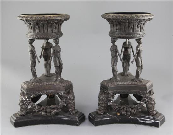 A pair of classical style bronze and black marble centrepieces, height 15.5in.